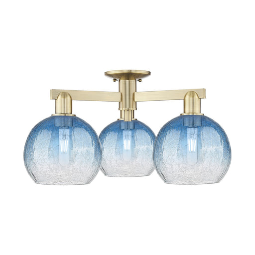 Innovations Brookhaven Globe 25.5in 3-Light Semi-Flush Mount | Industrial Antique Brass and Sapphire Blue Glass | Living Room & | Model 716-3F-AB-G483-8SB