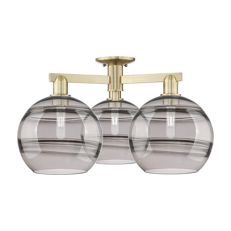 Innovations Rochester 28in 3-Light Semi-Flush Mount | Industrial Antique Brass and Light Smoke Glass | Living Room & Bedroom | Model 716-3F-AB-G556-10SM