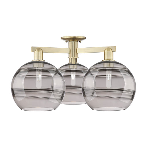 Innovations Rochester 28in 3-Light Semi-Flush Mount | Industrial Antique Brass and Light Smoke Glass | Living Room & Bedroom | Model 716-3F-AB-G556-10SM