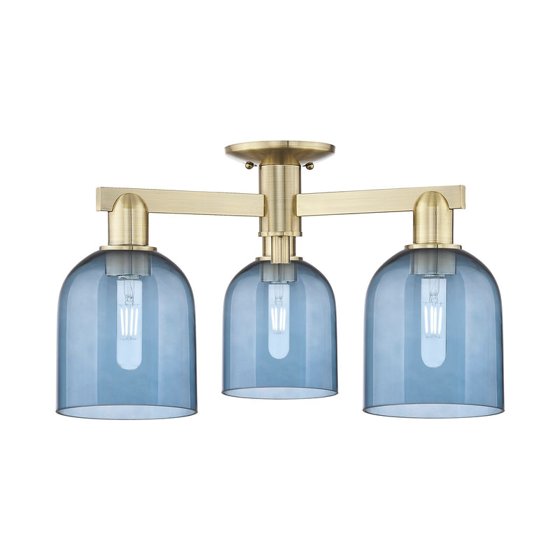 Innovations Bella 23in 3-Light Semi-Flush Mount | Industrial Antique Brass Steel and Blue Glass | Entryway & Hallway | 23 x 23 | Model 716-3F-AB-G558-6BL