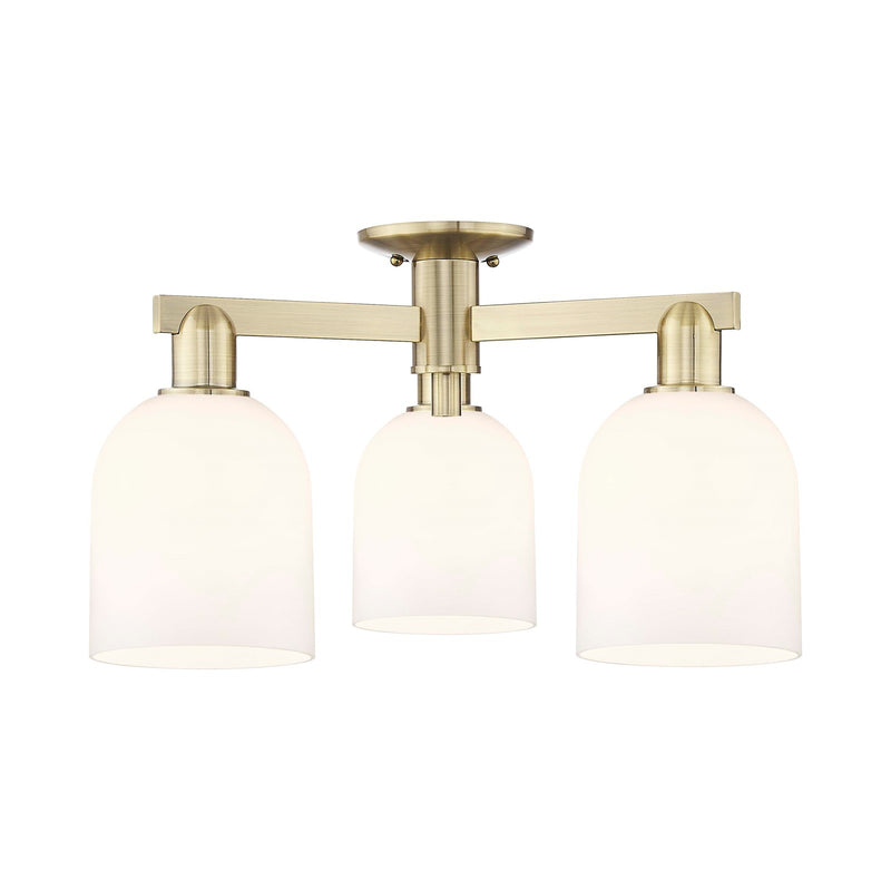 Innovations Bella 23in 3-Light Semi-Flush Mount | Industrial Antique Brass Steel and White Glass | Kitchen & Hallway | 23 x 23 | Model 716-3F-AB-G558-6GWH