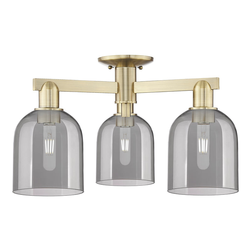 Innovations Bella 23in 3-Light Semi-Flush Mount | Industrial Antique Brass Steel and Light Smoke Glass | Living Room & Dining | Model 716-3F-AB-G558-6SM