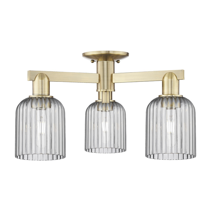 Innovations Bridal Veil 22.5in 3-Light Semi-Flush Mount | Industrial Antique Brass Steel and Light Smoke Ribbed Glass | Kitchen | Model 716-3F-AB-G559-5SM