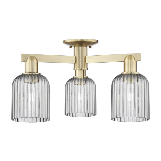 Innovations Bridal Veil 22.5in 3-Light Semi-Flush Mount | Industrial Antique Brass Steel and Light Smoke Ribbed Glass | Kitchen | Model 716-3F-AB-G559-5SM