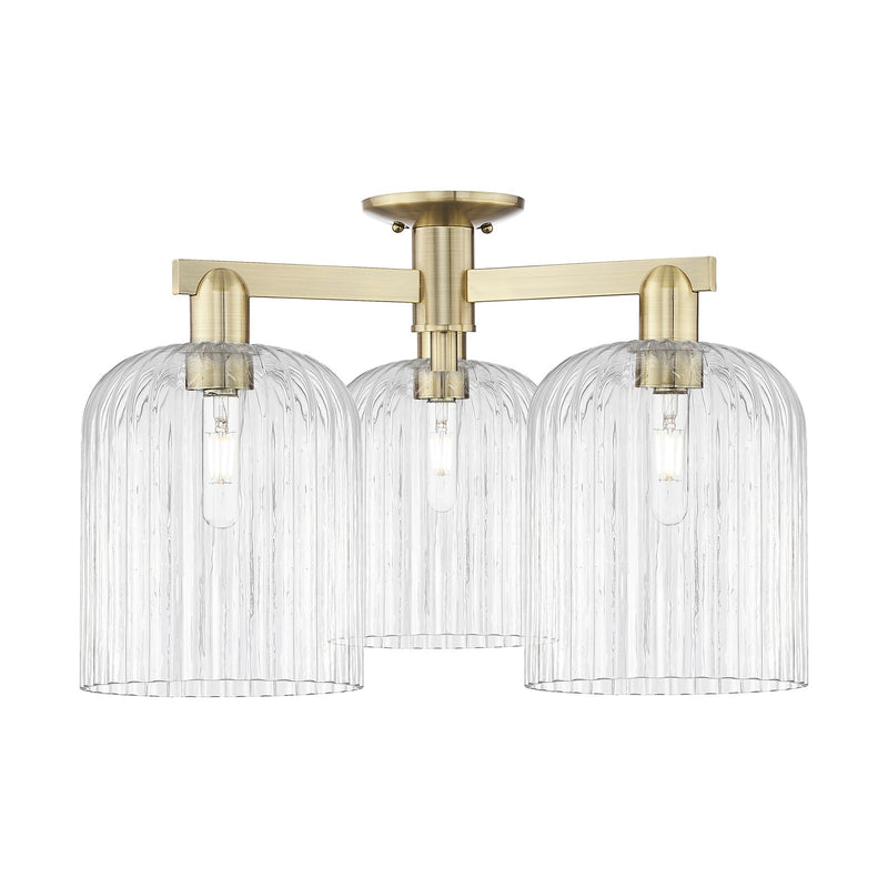 Innovations Bridal Veil 26in 3-Light Semi-Flush Mount | Industrial Antique Brass Steel and Clear Ribbed Glass | Living Room & | Model 716-3F-AB-G559-8CL