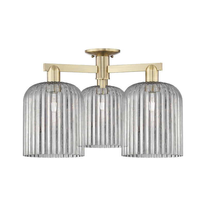 Innovations Bridal Veil 26in 3-Light Semi-Flush Mount | Industrial Antique Brass and Light Smoke Ribbed Glass | Entryway & | Model 716-3F-AB-G559-8SM