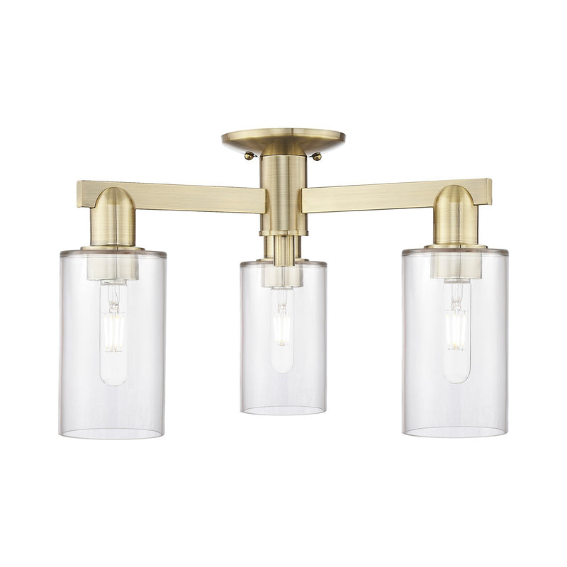 Innovations Clymer 21in 3-Light Semi-Flush Mount | Industrial Antique Brass Steel and Clear Glass | Entryway & Hallway | 21.38 x | Model 716-3F-AB-G802