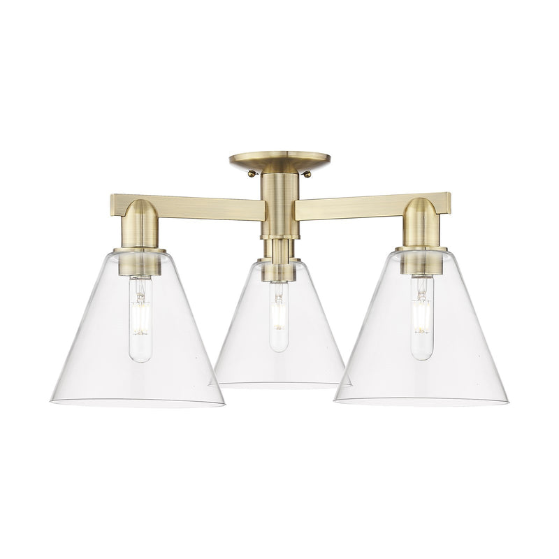 Innovations Berkshire Glass 26in 3-Light Semi-Flush Mount | Industrial Antique Brass Steel and Clear Cone Glass | Entryway & | Model 716-3F-AB-GBC-82