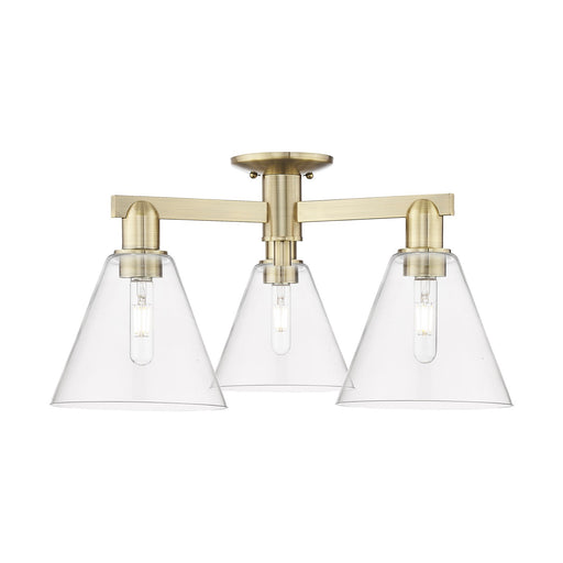 Innovations Berkshire Glass 26in 3-Light Semi-Flush Mount | Industrial Antique Brass Steel and Clear Cone Glass | Entryway & | Model 716-3F-AB-GBC-82