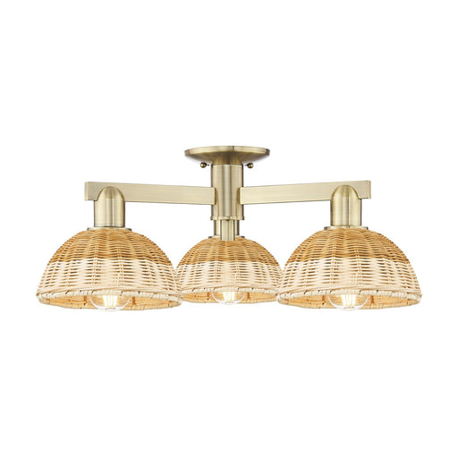 Innovations Natural Ballston Dome 25in 3-Light Semi-Flush Mount | Farmhouse Antique Brass and Natural Fiber | Kitchen & | Model 716-3F-AB-NBD2-75-NAT
