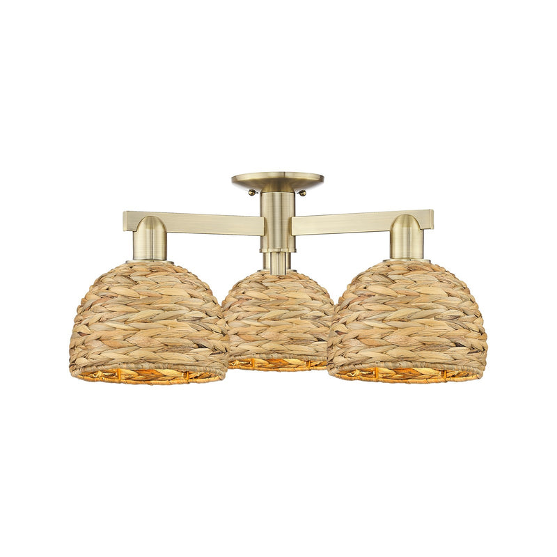 Innovations Woven Rattan 26in 3-Light Semi-Flush Mount | Industrial Antique Brass Steel and Natural Fiber Dome Shade | Living | Model 716-3F-AB-RBD-8-NAT