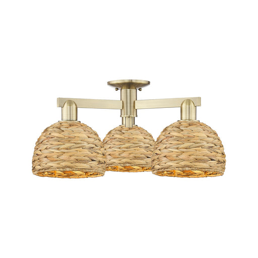 Innovations Woven Rattan 26in 3-Light Semi-Flush Mount | Industrial Antique Brass Steel and Natural Fiber Dome Shade | Living | Model 716-3F-AB-RBD-8-NAT
