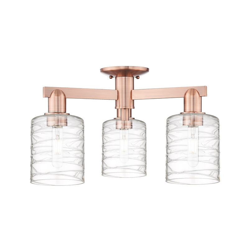 Innovations Cobbleskill 23in 3-Light Semi-Flush Mount | Industrial Antique Copper Steel and Deco Swirl Glass | Entryway & Hallway | Model 716-3F-AC-G1113