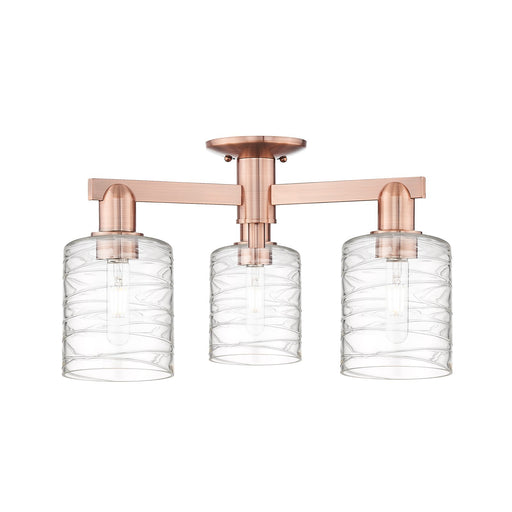 Innovations Cobbleskill 23in 3-Light Semi-Flush Mount | Industrial Antique Copper Steel and Deco Swirl Glass | Entryway & Hallway | Model 716-3F-AC-G1113