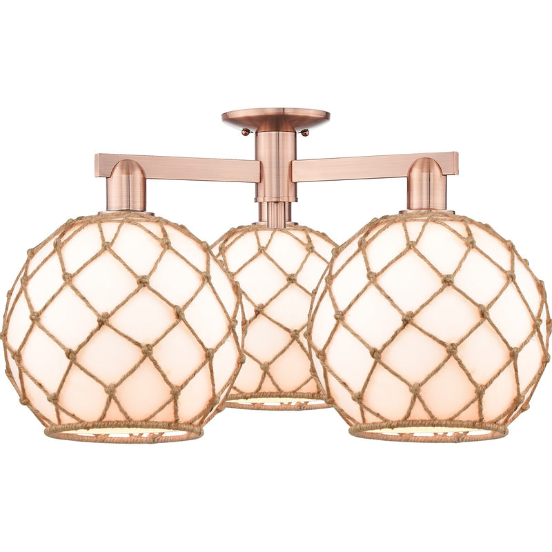 Innovations Farmhouse Rope 28in 3-Light Semi-Flush Mount | Industrial Antique Copper Steel and Matte White Glass with Rope | Model 716-3F-AC-G121-10RB