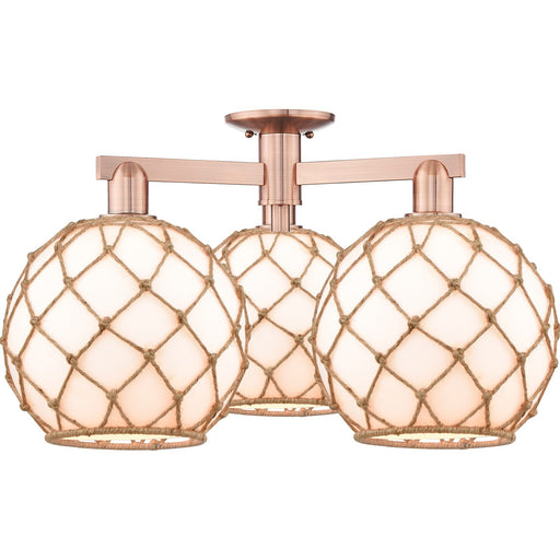 Innovations Farmhouse Rope 28in 3-Light Semi-Flush Mount | Industrial Antique Copper Steel and Matte White Glass with Rope | Model 716-3F-AC-G121-10RB