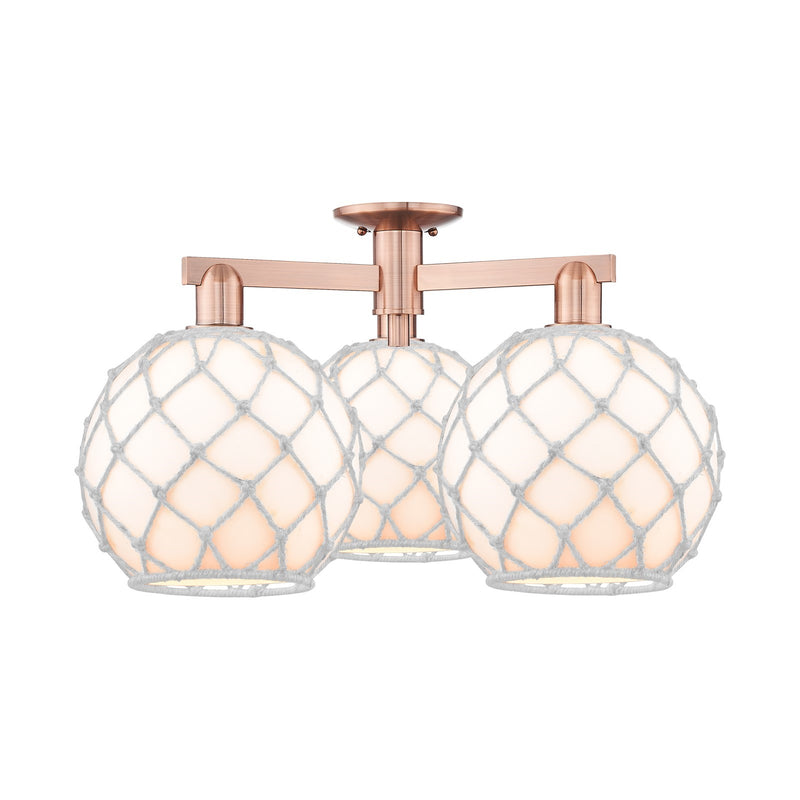 Innovations Farmhouse Rope 28in 3-Light Semi-Flush Mount | Industrial Antique Copper Steel and White Glass with Rope Shade | Model 716-3F-AC-G121-10RW