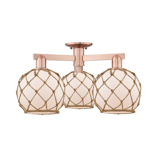 Innovations Farmhouse Rope 26in 3-Light Semi-Flush Mount | Industrial Antique Copper Steel and White Glass with Brown Rope | Model 716-3F-AC-G121-8RB