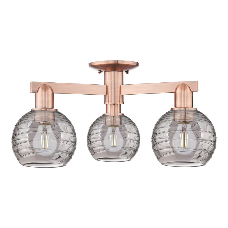 Innovations Athens Deco Swirl 23.38in 3-Light Semi-Flush Mount | Industrial Antique Copper Steel and Light Smoke Glass | Model 716-3F-AC-G1213-6SM