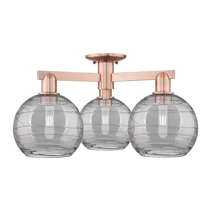 Innovations Athens Deco Swirl 26in 3-Light Semi-Flush Mount | Industrial Antique Copper Steel and Light Smoke Glass | Entryway | Model 716-3F-AC-G1213-8SM