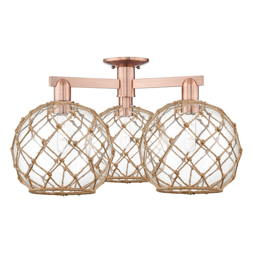 Innovations Farmhouse Rope 28in 3-Light Semi-Flush Mount | Industrial Antique Copper Steel and Clear Glass with Brown Rope | Model 716-3F-AC-G122-10RB