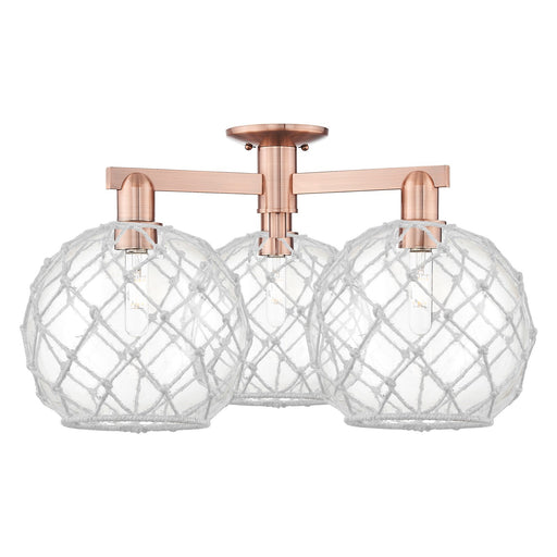 Innovations Farmhouse Rope 28in 3-Light Semi-Flush Mount | Industrial Antique Copper Steel and Clear Glass with White Rope | Model 716-3F-AC-G122-10RW