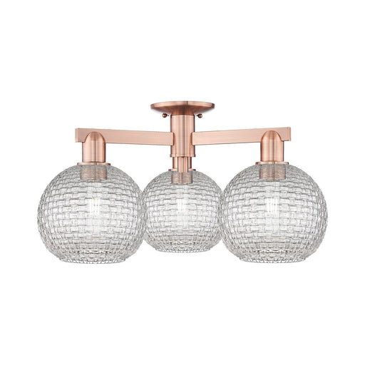 Innovations Athens 26in 3-Light Semi-Flush Mount | Industrial Antique Copper Steel and Clear Basket Weave Glass | Entryway & | Model 716-3F-AC-G122C-8CL