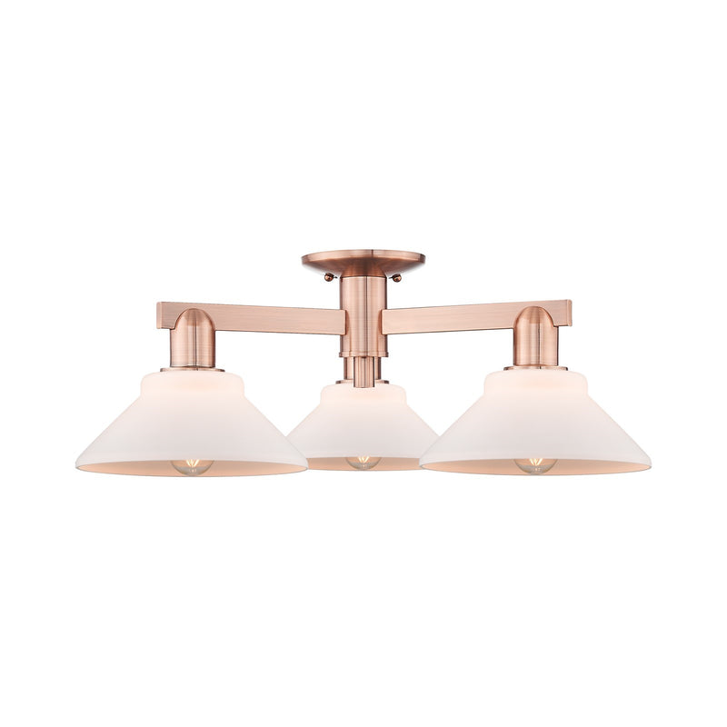 Innovations Orwell 26in 3-Light Semi-Flush Mount | Industrial Antique Copper and Matte White Glass | Living Room & Dining Room | Model 716-3F-AC-G131