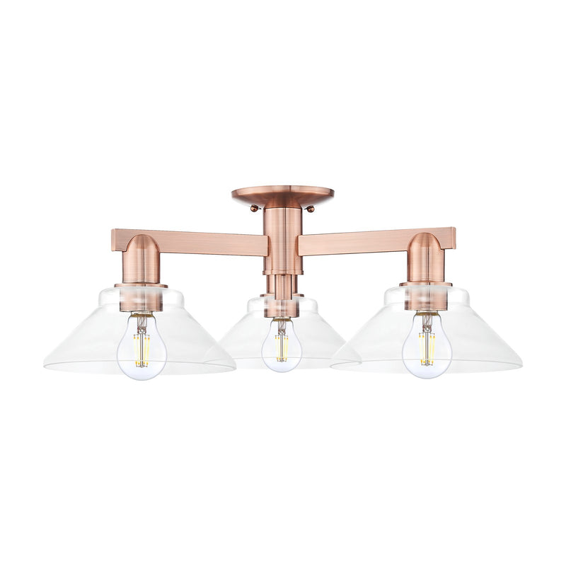 Innovations Orwell 26in 3-Light Semi-Flush Mount | Industrial Antique Copper Steel and Clear Cone Glass | Living Room & Entryway | Model 716-3F-AC-G132