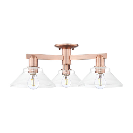 Innovations Orwell 26in 3-Light Semi-Flush Mount | Industrial Antique Copper Steel and Clear Cone Glass | Living Room & Entryway | Model 716-3F-AC-G132