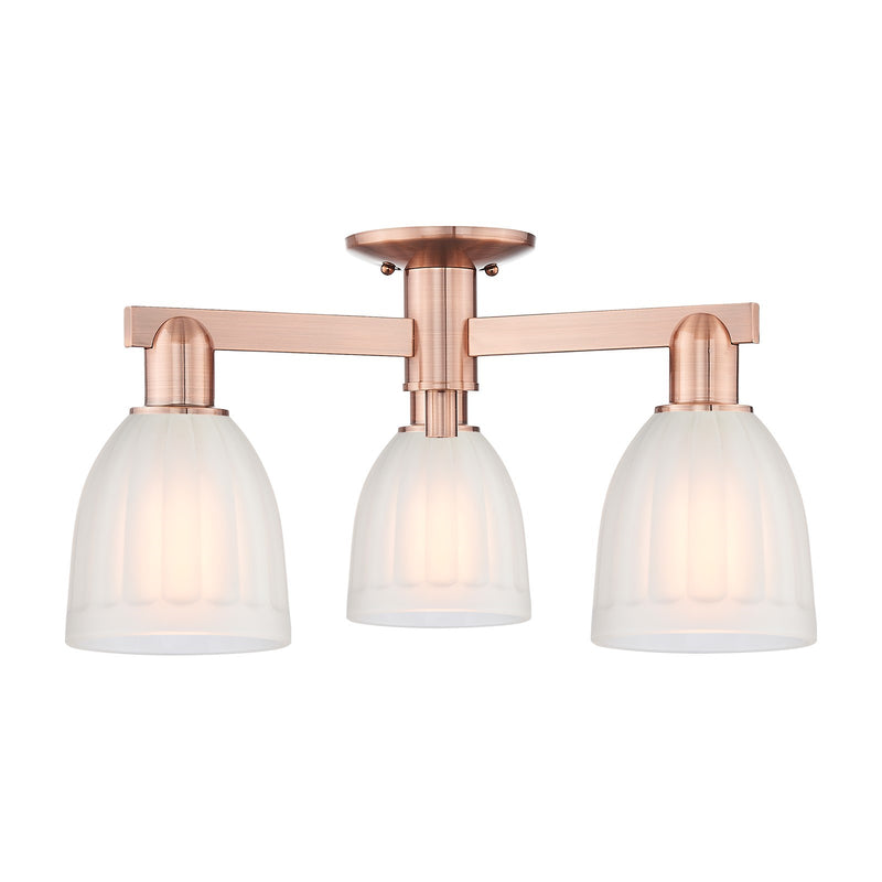 Innovations Brookfield 23in 3-Light Semi-Flush Mount | Industrial Antique Copper Steel and White Frosted Ribbed Glass | Living Room | Model 716-3F-AC-G441