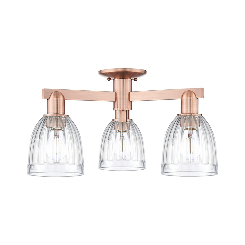 Innovations Brookfield 23in 3-Light Semi-Flush Mount | Industrial Antique Copper and Clear Ribbed Glass | Kitchen & Hallway | 23.25 | Model 716-3F-AC-G442