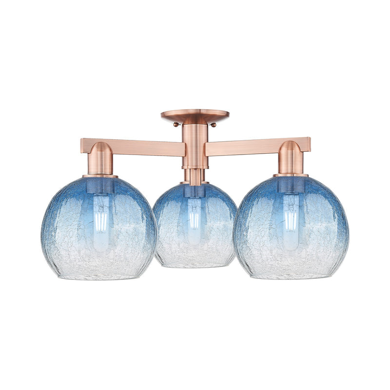 Innovations Brookhaven Globe 25.5in 3-Light Semi-Flush Mount | Industrial Antique Copper and Sapphire Blue Glass | Living Room | Model 716-3F-AC-G483-8SB