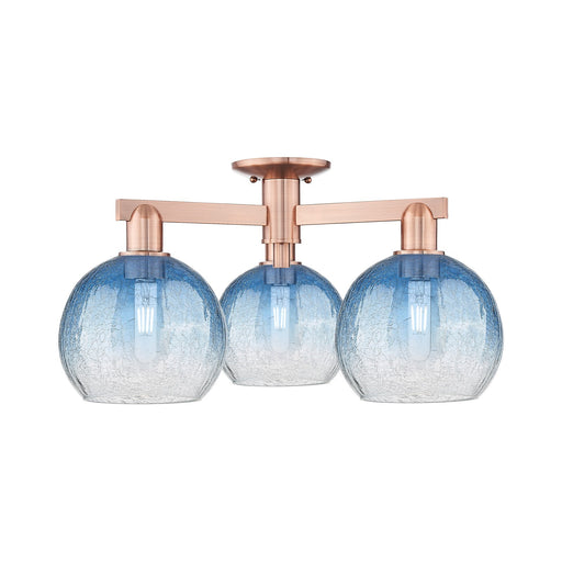 Innovations Brookhaven Globe 25.5in 3-Light Semi-Flush Mount | Industrial Antique Copper and Sapphire Blue Glass | Living Room | Model 716-3F-AC-G483-8SB