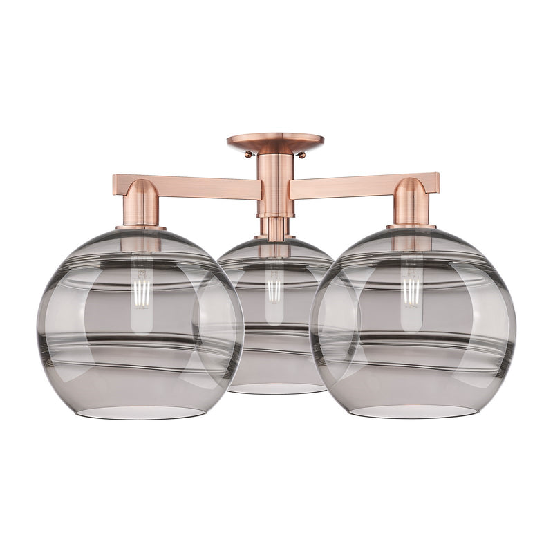Innovations Rochester 28in 3-Light Semi-Flush Mount | Industrial Antique Copper Steel and Light Smoke Glass | Entryway & | Model 716-3F-AC-G556-10SM