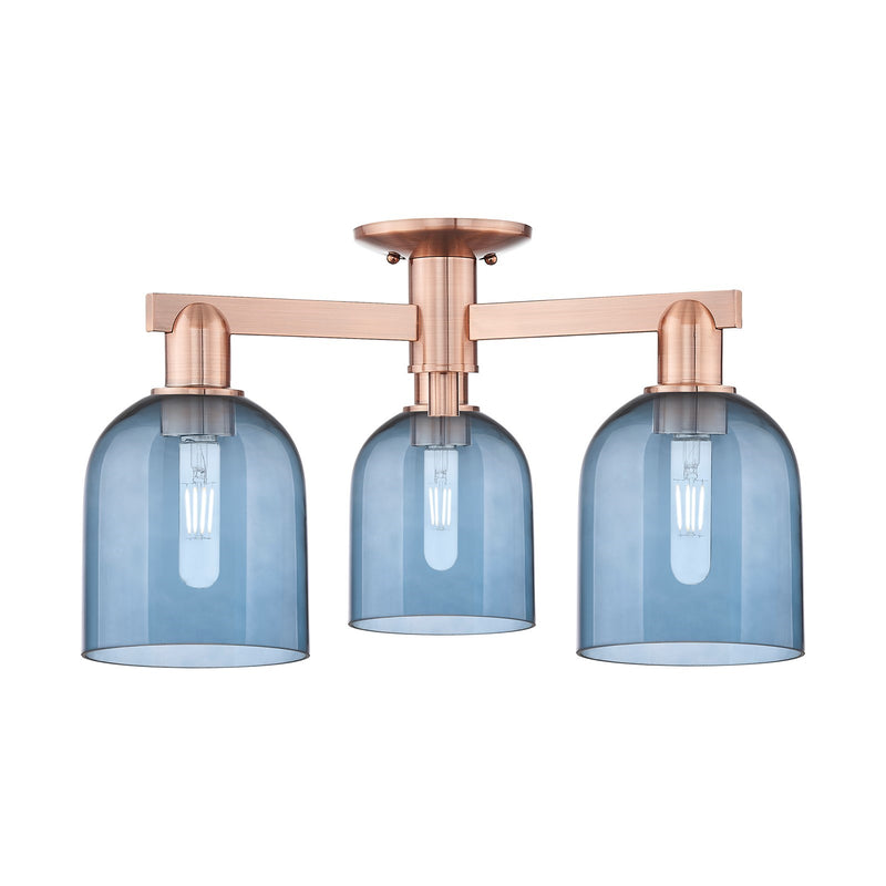 Innovations Bella 23in 3-Light Semi-Flush Mount | Industrial Antique Copper and Blue Glass | Living Room & Hallway | 23 x 23 x | Model 716-3F-AC-G558-6BL