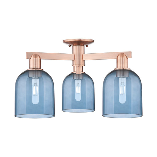 Innovations Bella 23in 3-Light Semi-Flush Mount | Industrial Antique Copper and Blue Glass | Living Room & Hallway | 23 x 23 x | Model 716-3F-AC-G558-6BL