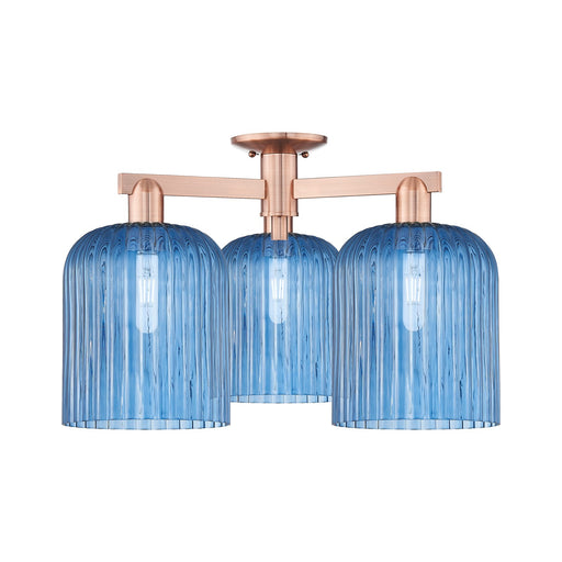 Innovations Bridal Veil 26in 3-Light Semi-Flush Mount | Industrial Antique Copper Steel and Princess Blue Ribbed Glass | Model 716-3F-AC-G559-8BL