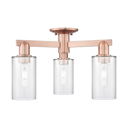 Innovations Clymer 21in 3-Light Semi-Flush Mount | Industrial Antique Copper Steel and Clear Glass | Damp-Rated Entryway & Hallway | Model 716-3F-AC-G802
