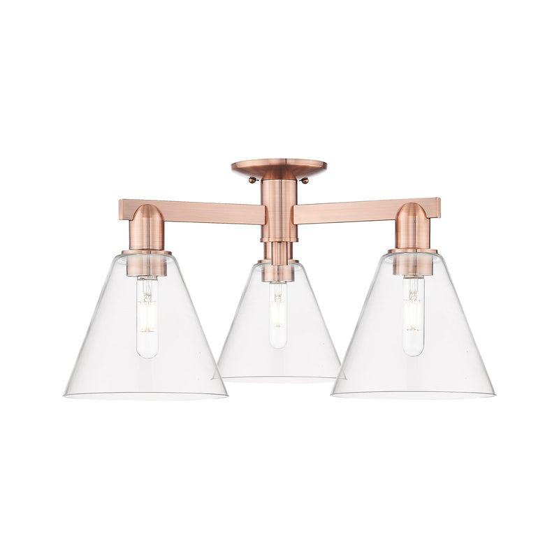 Innovations Berkshire Glass 26in 3-Light Semi-Flush Mount | Industrial Antique Copper Steel and Clear Glass | Damp-Rated Entryway | Model 716-3F-AC-GBC-82