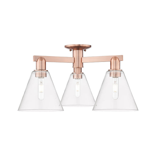 Innovations Berkshire Glass 26in 3-Light Semi-Flush Mount | Industrial Antique Copper Steel and Clear Glass | Damp-Rated Entryway | Model 716-3F-AC-GBC-82