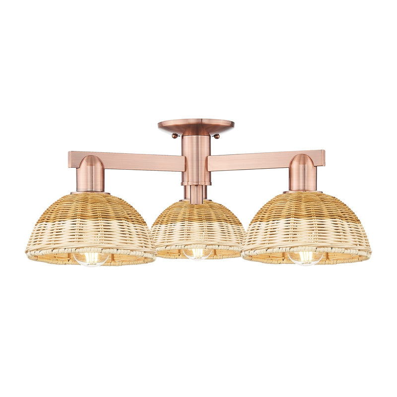 Innovations Natural Ballston Dome 25in 3-Light Semi-Flush Mount | Farmhouse Antique Copper and Natural Fiber Basketweave | Model 716-3F-AC-NBD2-75-NAT