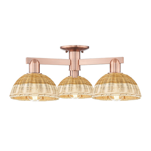 Innovations Natural Ballston Dome 25in 3-Light Semi-Flush Mount | Farmhouse Antique Copper and Natural Fiber Basketweave | Model 716-3F-AC-NBD2-75-NAT