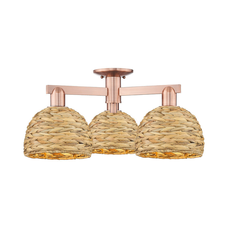 Innovations Arcadia 26in 3-Light Semi-Flush Mount | Industrial Antique Copper Steel and Natural Rattan | Entryway & Hallway | Model 716-3F-AC-RBD-8-NAT
