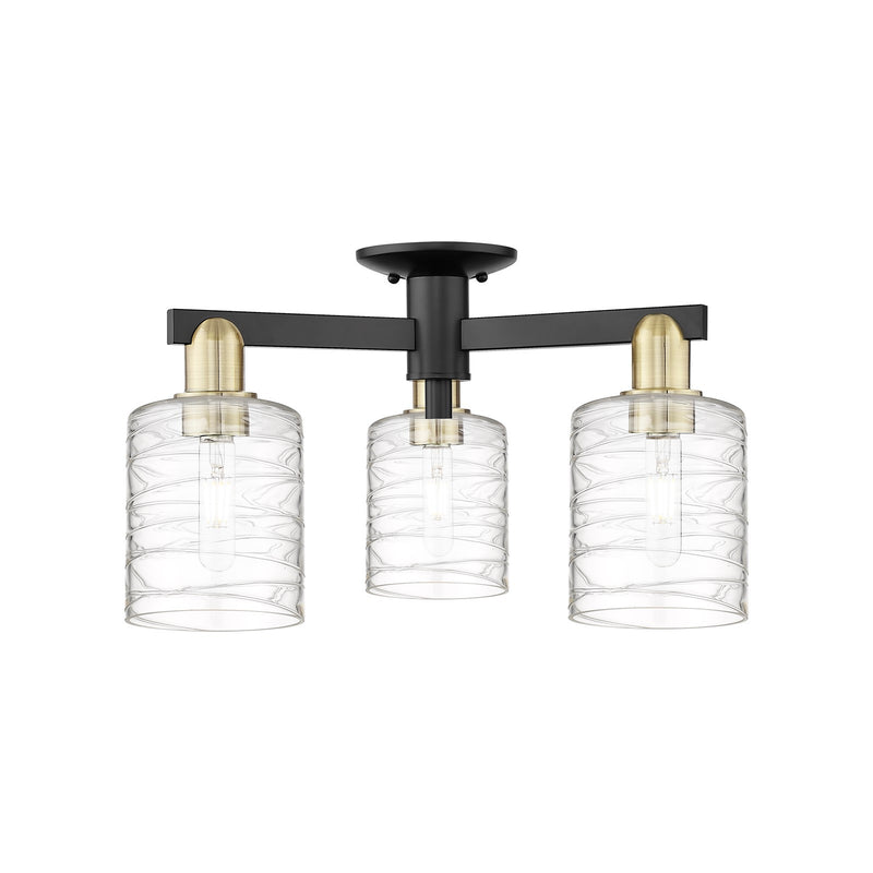 Innovations Cobbleskill 23in 3-Light Semi-Flush Mount | Industrial Black Antique Brass and Deco Swirl Glass | Entryway & Hallway | Model 716-3F-BAB-G1113