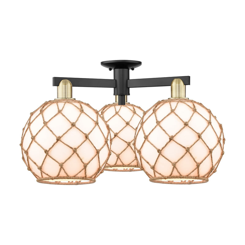 Innovations Farmhouse Rope 28in 3-Light Semi-Flush Mount | Industrial Black Antique Brass and Matte White Glass with Rope | Model 716-3F-BAB-G121-10RB
