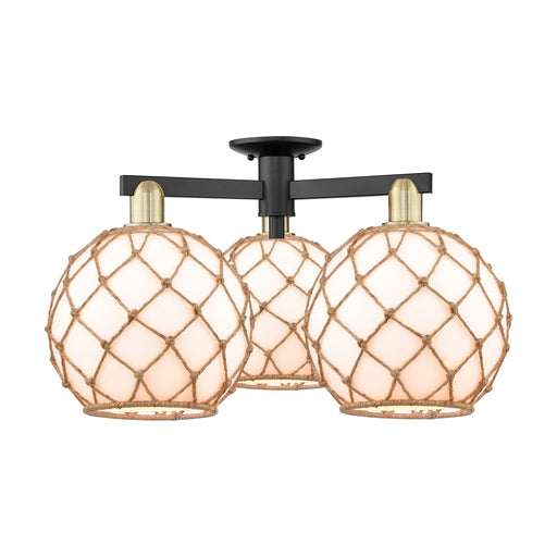 Innovations Farmhouse Rope 28in 3-Light Semi-Flush Mount | Industrial Black Antique Brass and Matte White Glass with Rope | Model 716-3F-BAB-G121-10RB