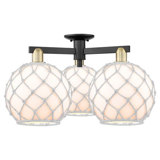 Innovations Farmhouse Rope 28in 3-Light Semi-Flush Mount | Industrial Black Antique Brass and White Glass with White Rope | Model 716-3F-BAB-G121-10RW