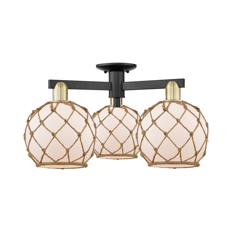 Innovations Farmhouse Rope 26in 3-Light Semi-Flush Mount | Industrial Black Antique Brass and White Frosted Glass with Brown | Model 716-3F-BAB-G121-8RB
