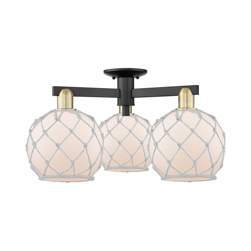 Innovations Farmhouse Rope 26in 3-Light Semi-Flush Mount | Industrial Black Antique Brass Steel and White Frosted Glass with | Model 716-3F-BAB-G121-8RW
